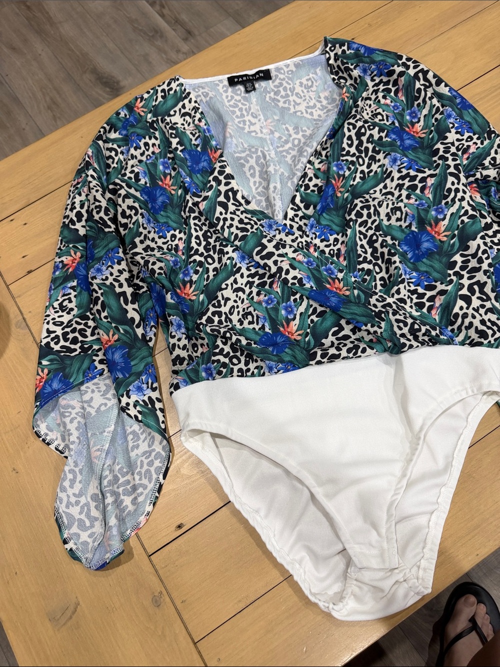 Parisian Works Floral & Leopard Print Wrap Bodysuit in Blue, Green & White